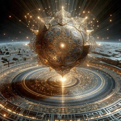 The primary subject of the image is a large, intricately designed sphere, which appears to be a part of a futuristic cityscape. The sphere is surrounded by a circular pattern, and it is situated in the middle of a circular structure. The setting is a futuristic environment, with the sphere being the main focus of the image. The visual style is a combination of digital art and illustration, creating a unique and captivating scene. The colors and mood of the image are predominantly dark and futur